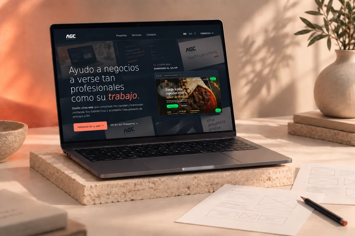 La web de AGC en una laptop sobre una mesa de piedra clara, con bocetos y luz cálida.